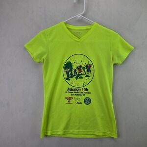 Solwear Mission 10k T-Shirt Womens Small Neon Green Good Athletic Running V-Neck